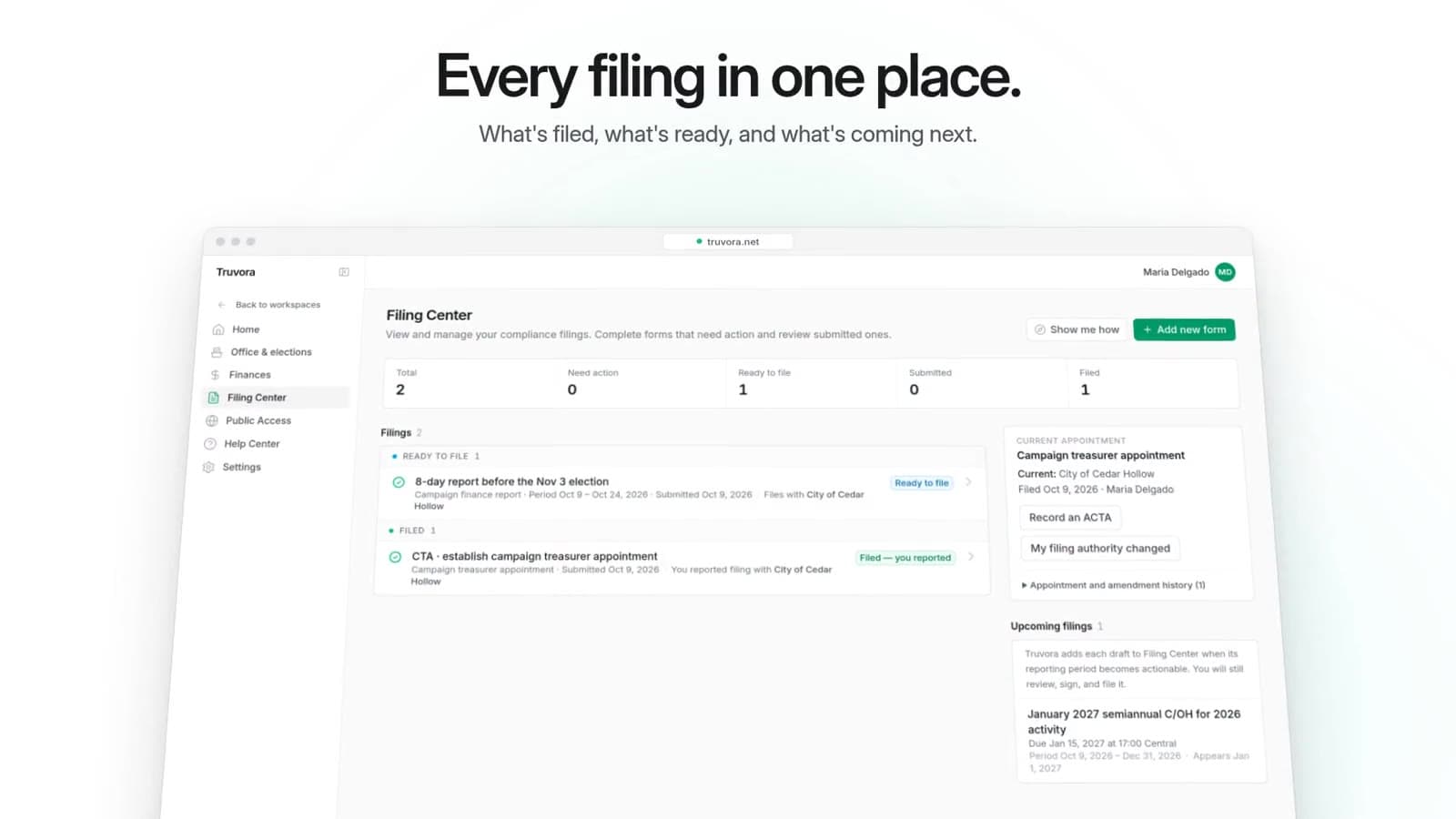 Product video. A candidate in Truvora opens the Filing Center, answers a guided form, gets the official Texas Ethics Commission PDF, signs it on screen, records a donation, and sees the totals on a campaign finance report.