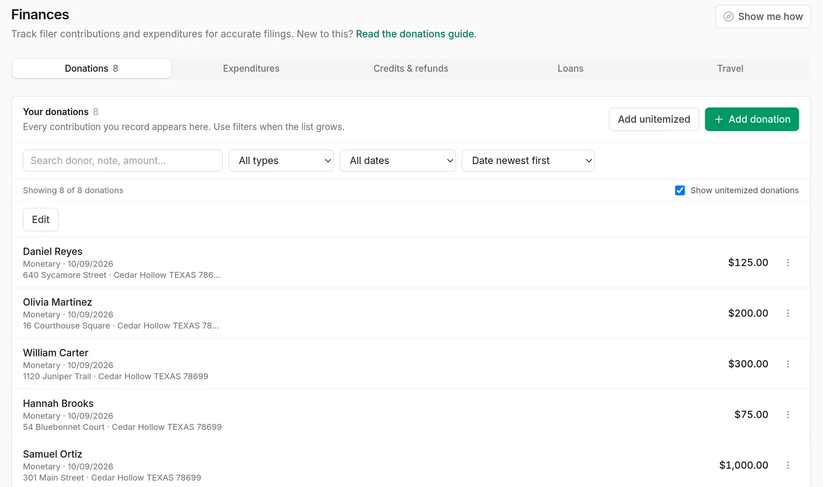 The Finances page in Truvora. Tabs for donations, expenditures, credits and refunds, loans, and travel sit above a list of recorded donations.