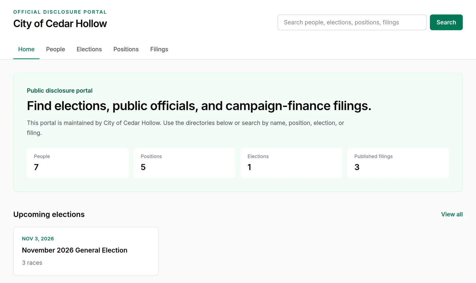 A city's public disclosure portal. It has a search box, counts of people, positions, elections, and published filings, and a list of upcoming elections.